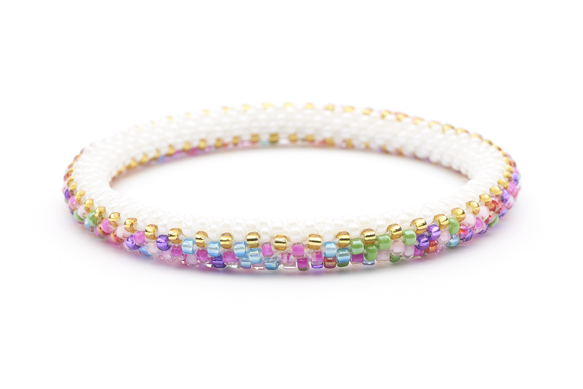 Sashka Co handmade beaded friendship bracelet with white and mixed gold glass beads. Crafted in Nepal by skilled artisans.