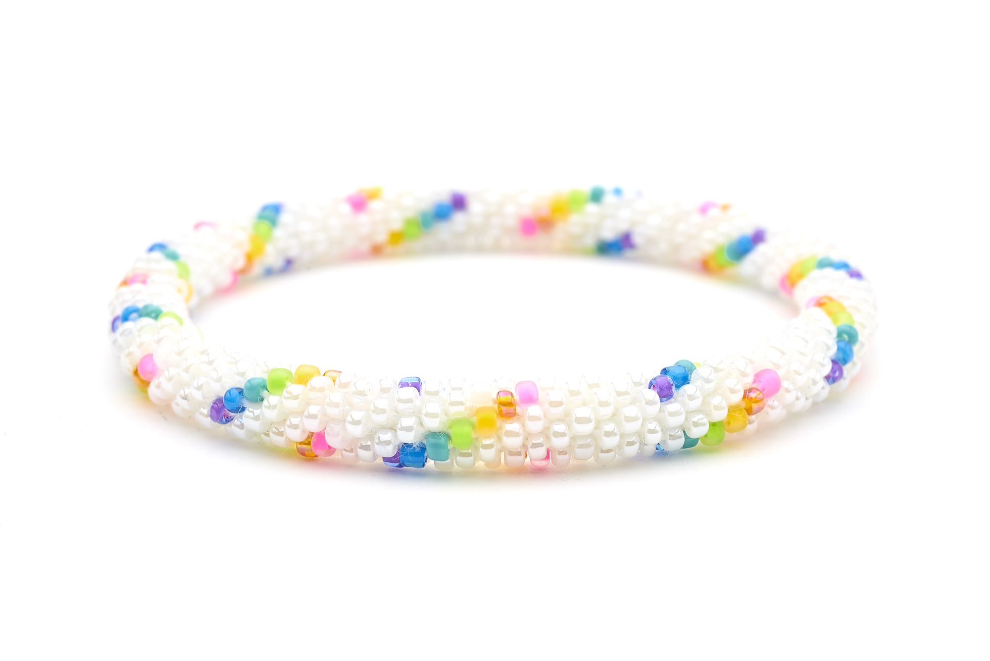 Sashka Co handmade beaded friendship bracelet with white and rainbow spiral glass beads. Crafted in Nepal by skilled artisans.