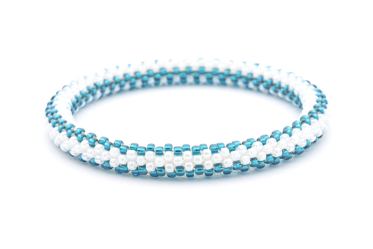 Sashka Co. handmade beaded friendship bracelet with white and teal glass beads. Crafted in Nepal by skilled artisans in a zipper pattern.