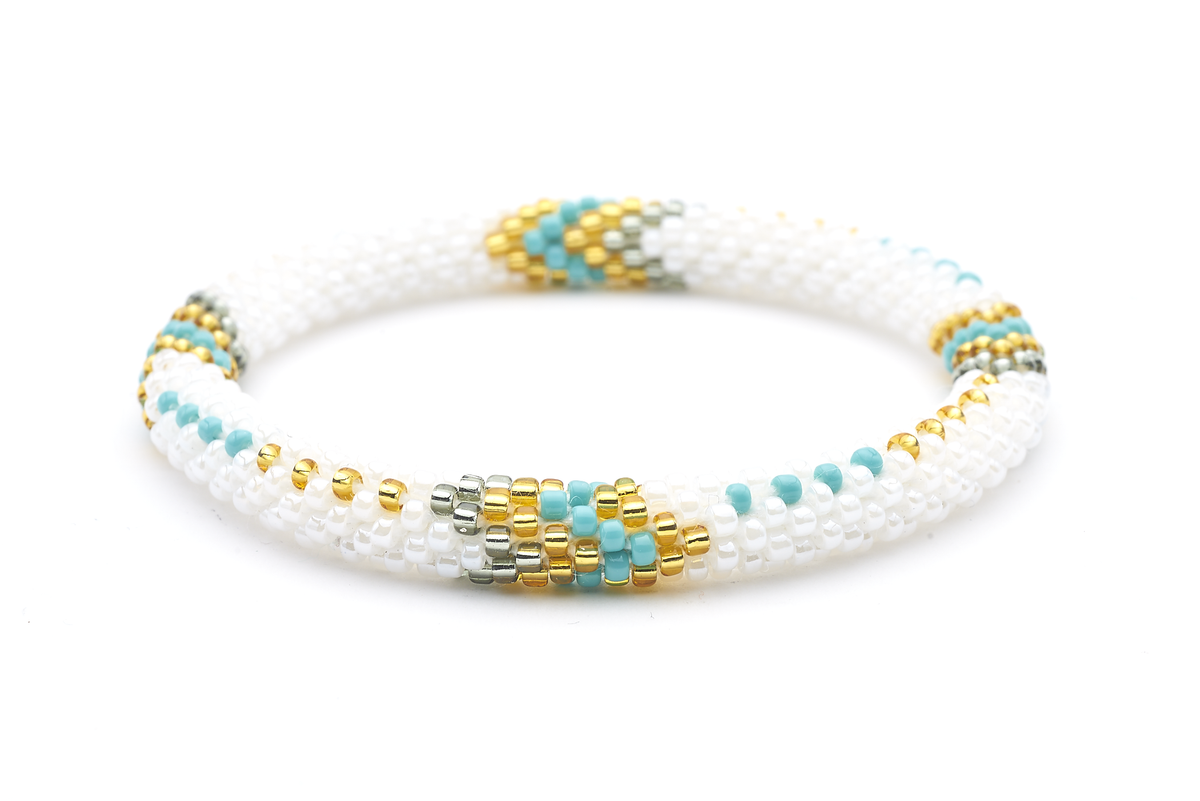 Sashka Co. handmade glass beaded friendship bracelet with white, turquoise, silver, and gold glass beads. Crafted in Nepal by skilled artisans.