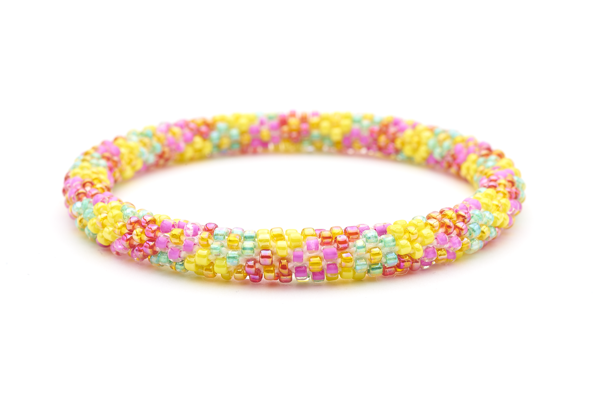 Sashka Co handmade beaded friendship bracelet with yellow, pink, red, and aqua glass beads. Crafted in Nepal by skilled artisans.