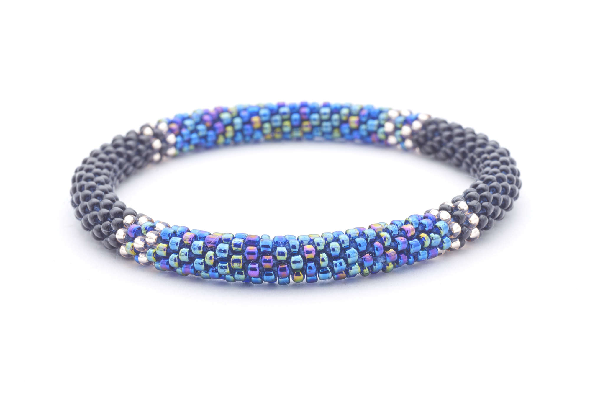 Sashka Co handmade beaded friendship bracelet with black, clear, and iridescent blue glass beads. Crafted in Nepal by skilled artisans.