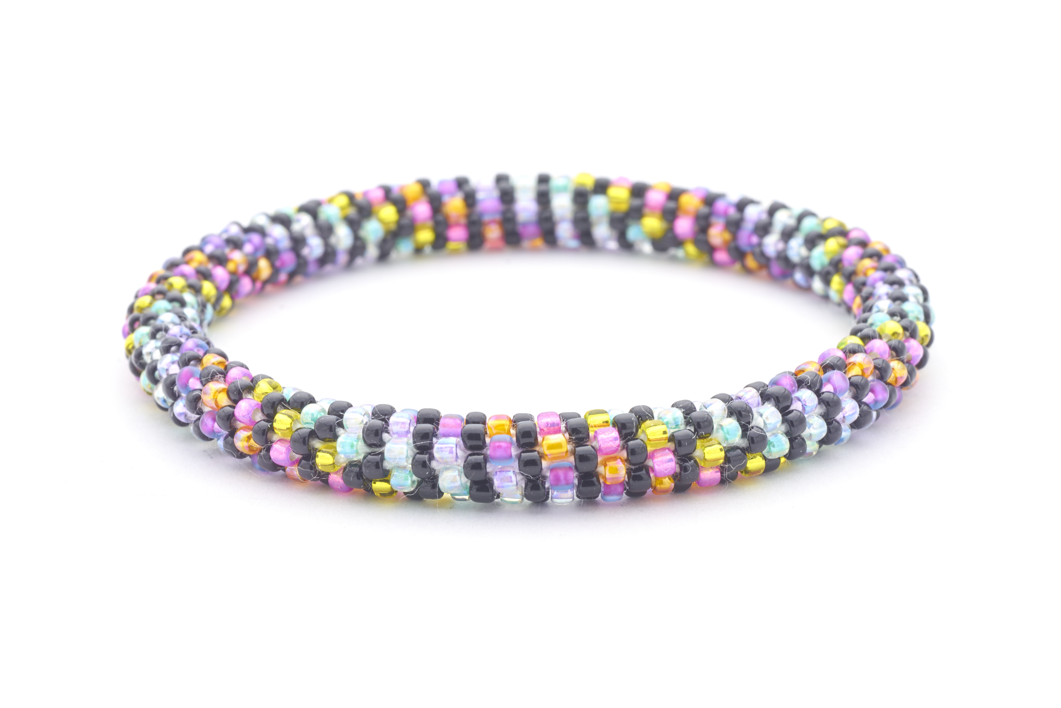 Sashka Co handmade beaded friendship bracelet with black, pink, yellow, aqua, clear, purple, and orange glass beads. Crafted in Nepal by skilled artisans.