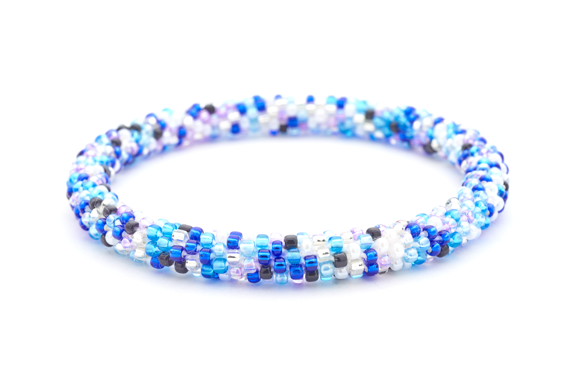 Sashka Co handmade beaded friendship bracelet with blue, black, light purple, white, and clear glass beads. Crafted in Nepal by skilled artisans.