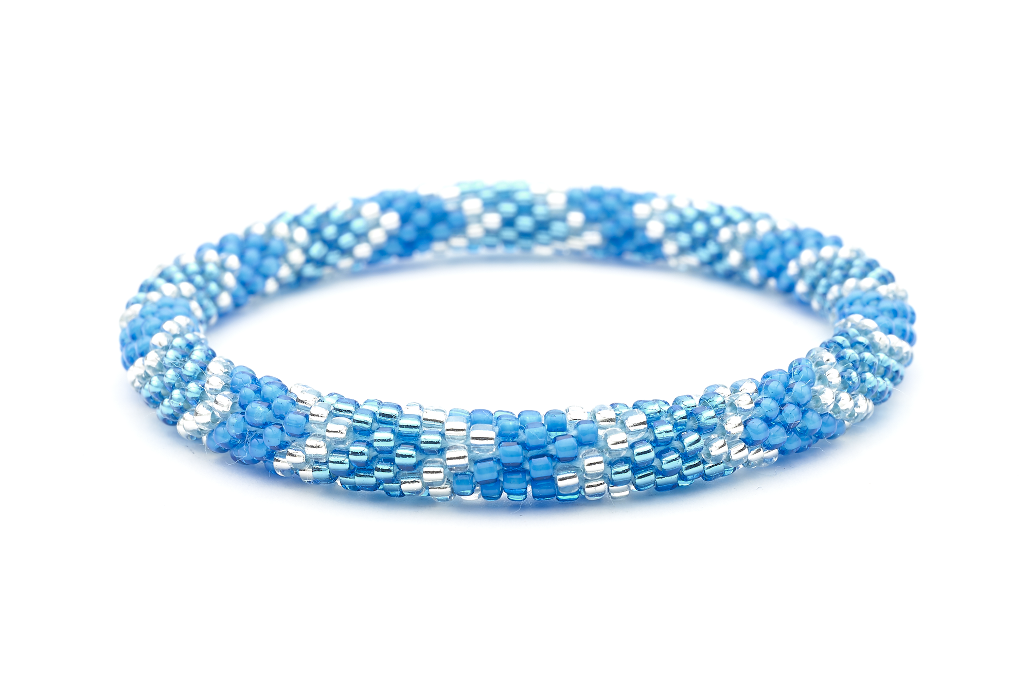 Sashka Co handmade beaded friendship bracelet with blue and clear beads in a chevron pattern. Crafted in Nepal by skilled artisans.