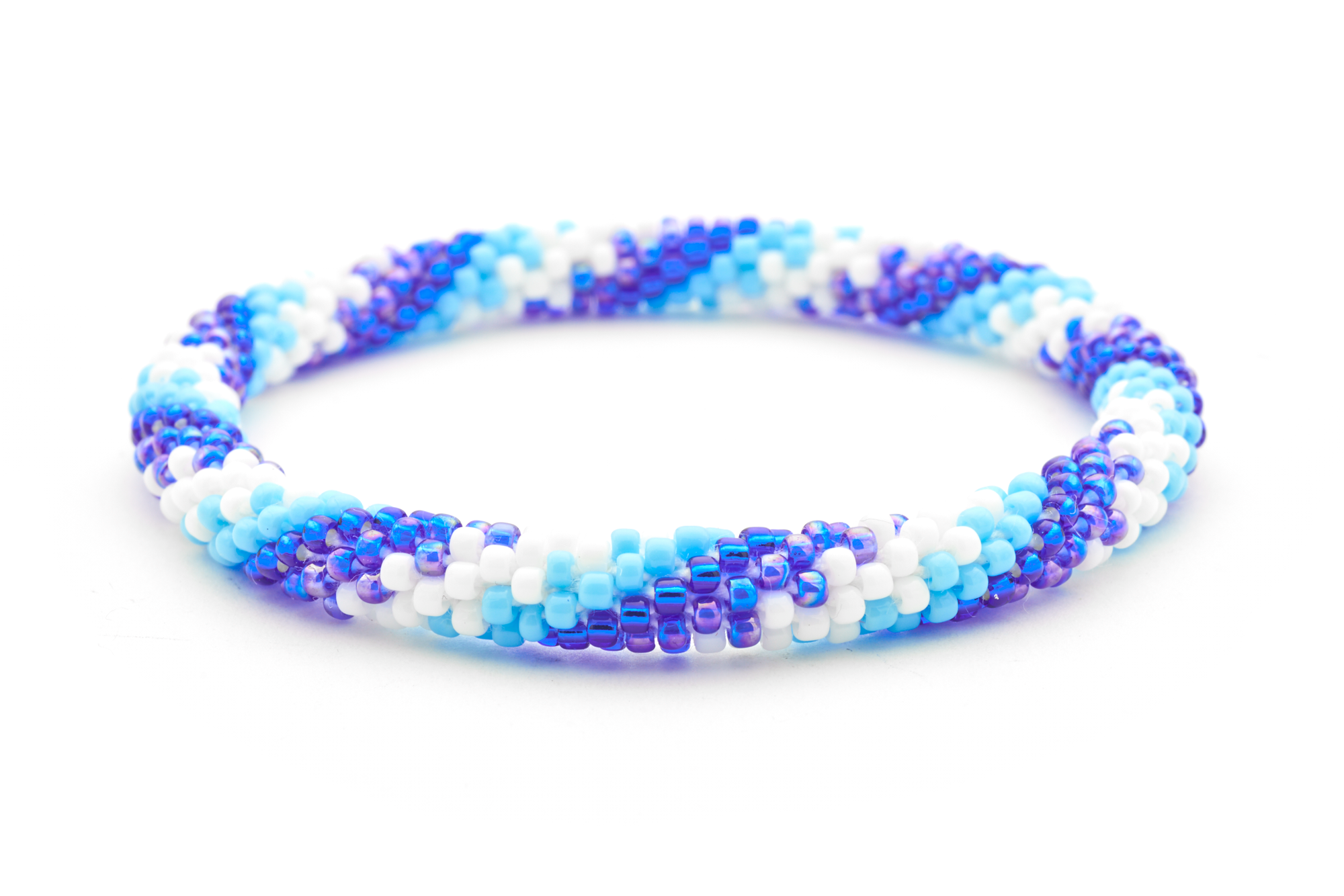 Sashka Co handmade beaded friendship bracelet with blue, light blue, and white glass beads. Crafted in Nepal by skilled artisans.