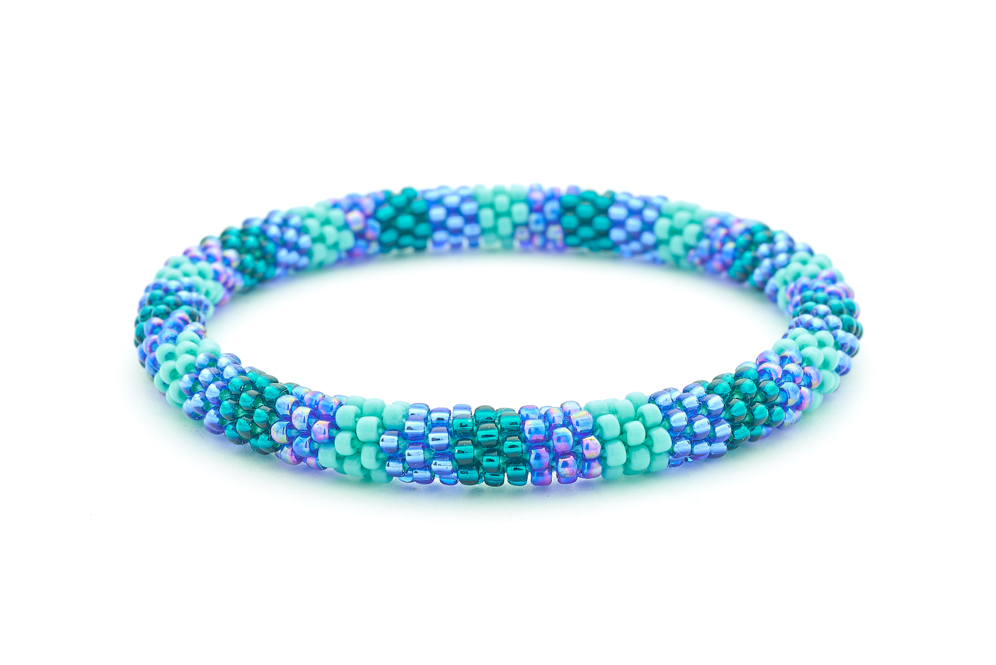 Sashka Co handmade beaded friendship bracelet with blue, turquoise, and teal glass beads. Crafted in Nepal by skilled artisans in a detailed line pattern.