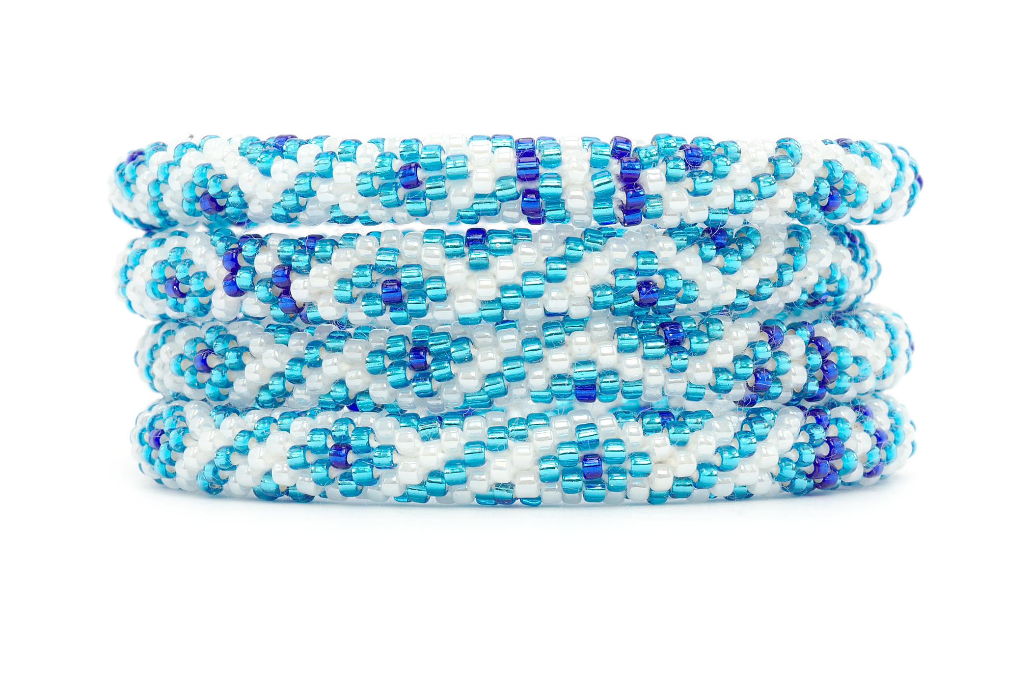 Sashka Co handmade beaded friendship bracelet with blue and white glass beads. Crafted in Nepal by skilled artisans in a diamond spiral pattern.