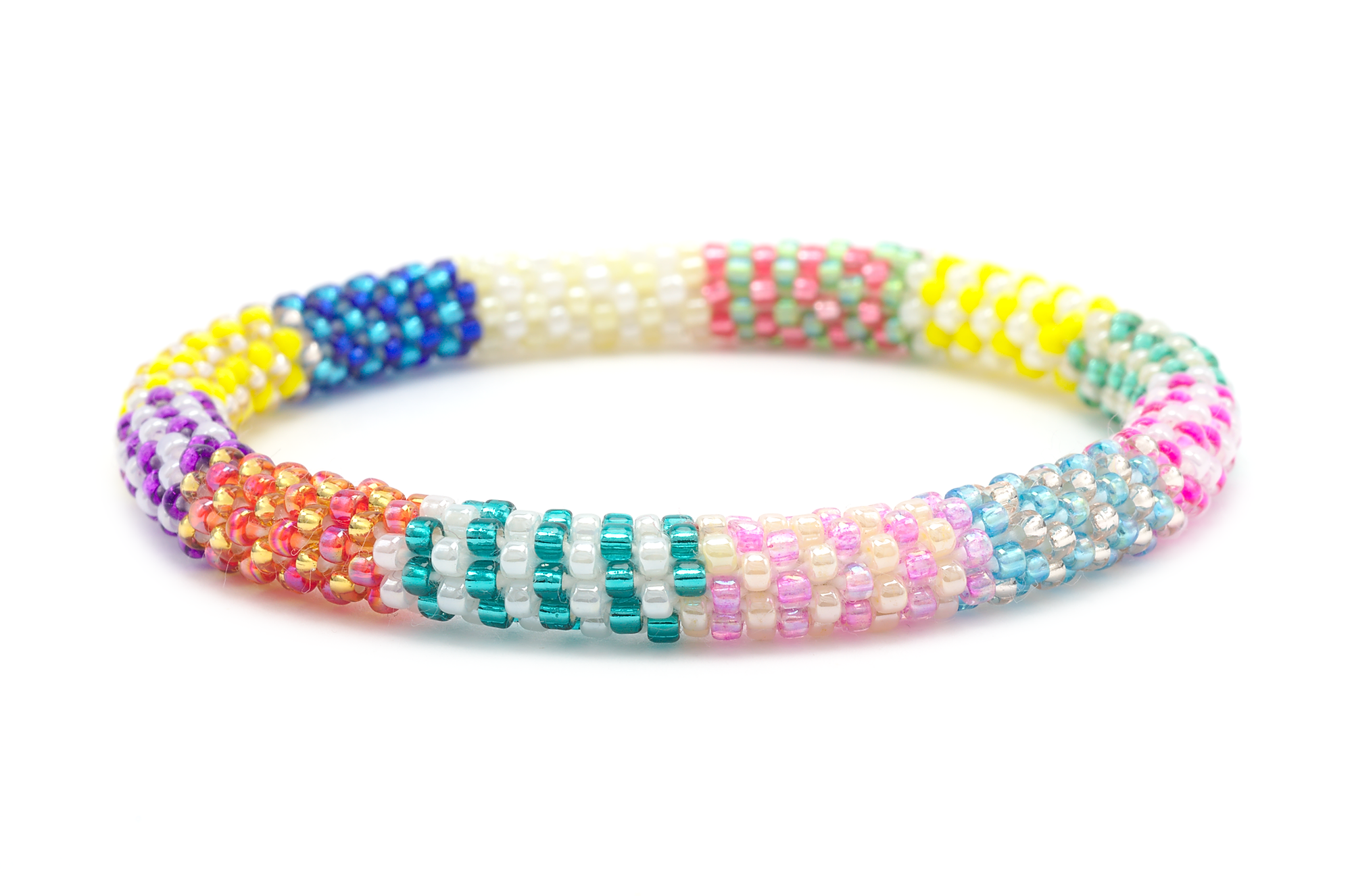 Sashka Co handmade beaded friendship bracelet with blue, yellow, rose gold, purple, white, gold, orange, teal, pink, green, and red glass beads. Crafted in Nepal by skilled artisans.