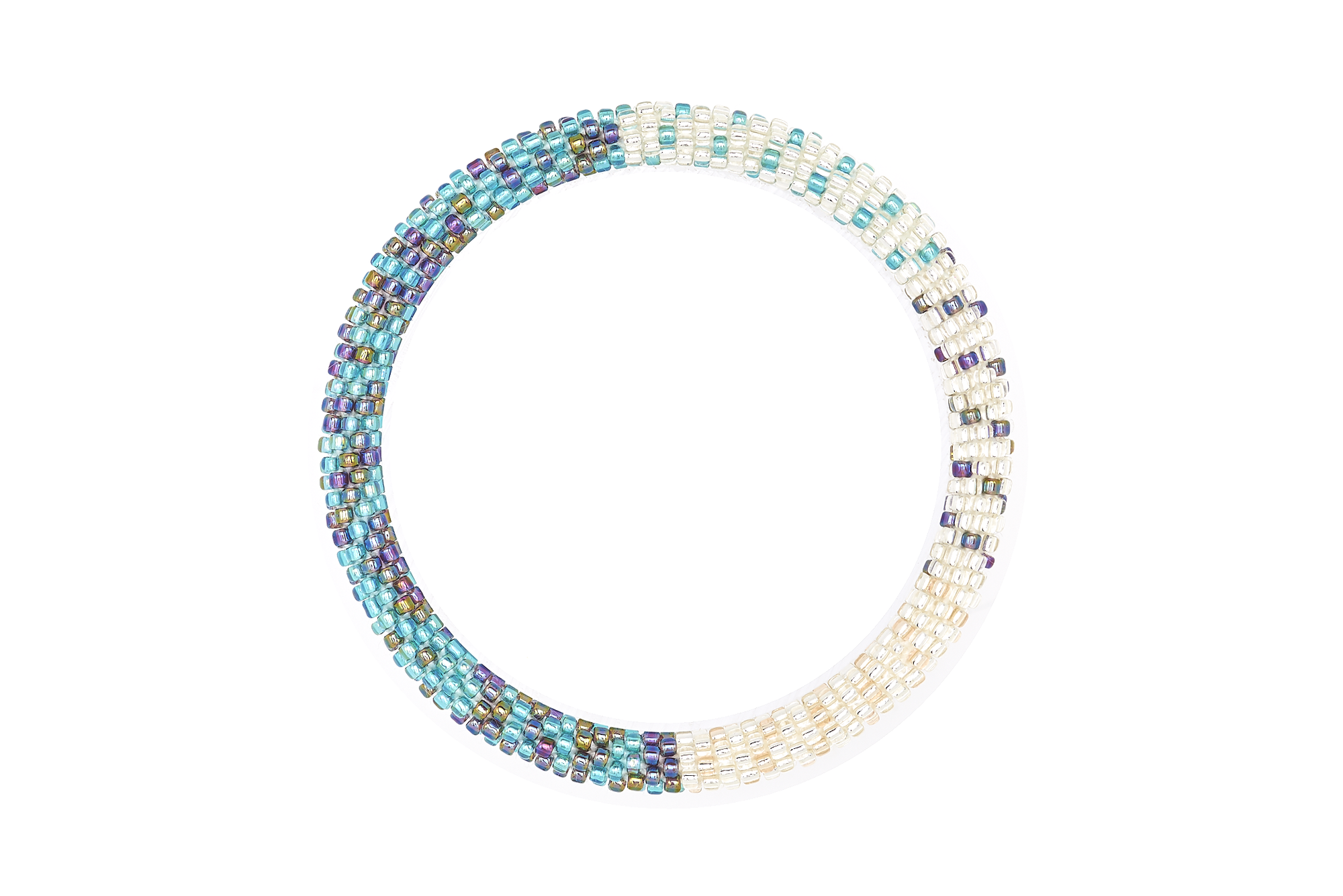 Sashka Co handmade beaded friendship bracelet with clear, blue, and purple glass beads. Crafted in Nepal by skilled artisans.