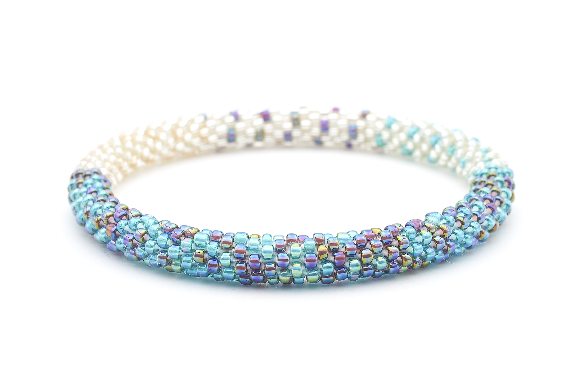 Sashka Co handmade beaded friendship bracelet with clear, blue, and purple glass beads. Crafted in Nepal by skilled artisans.