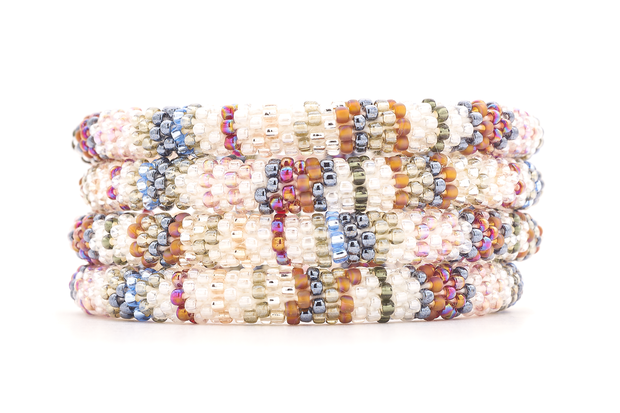 Sashka Co handmade beaded friendship bracelet with clear, silver, mauve, white, blue, red, and pink line pattern. Crafted in Nepal by skilled artisans.