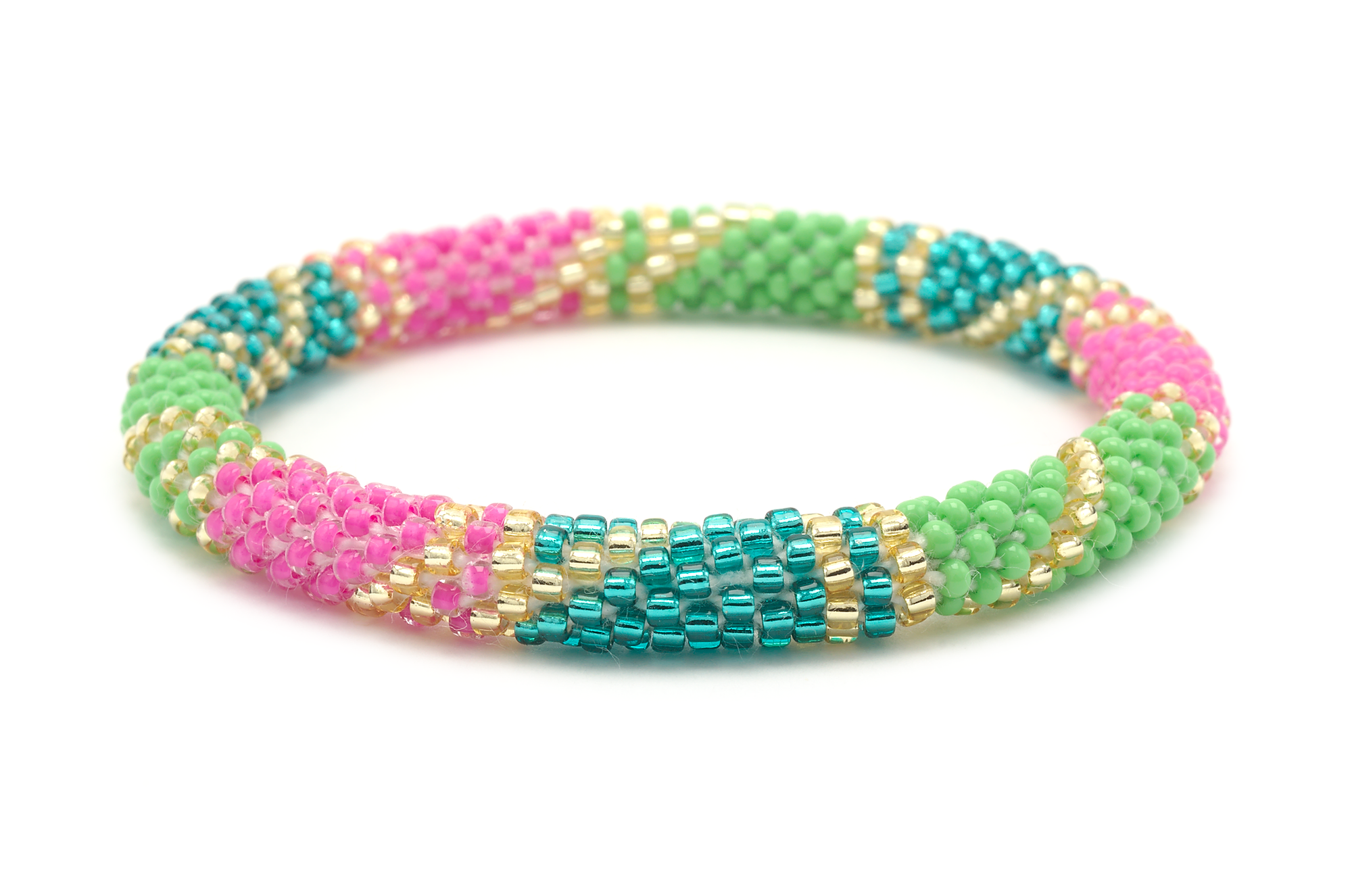 Sashka Co handmade beaded friendship bracelet with green, teal, pink, and champagne gold block spiral pattern. Crafted in Nepal by skilled artisans.