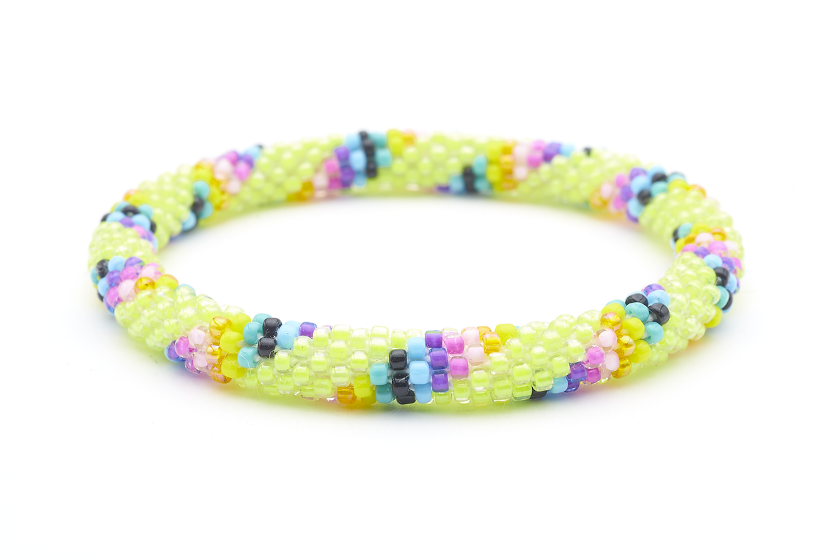 Sashka Co handmade beaded friendship bracelet with green, yellow, purple, pink, orange, blue, and black glass beads. Crafted in Nepal by skilled artisans.