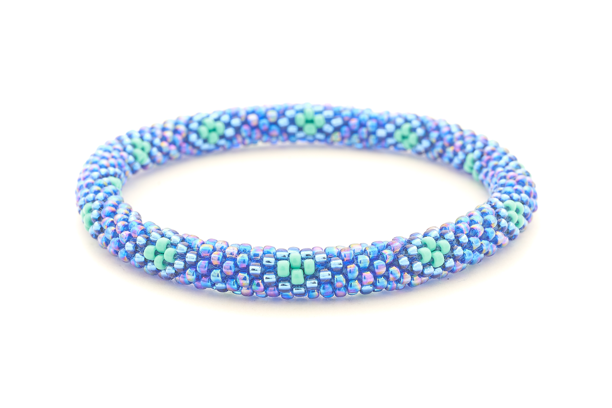 Sashka Co handmade beaded friendship bracelet with iridescent blue and turquoise small diamond pattern. Crafted in Nepal by skilled artisans.