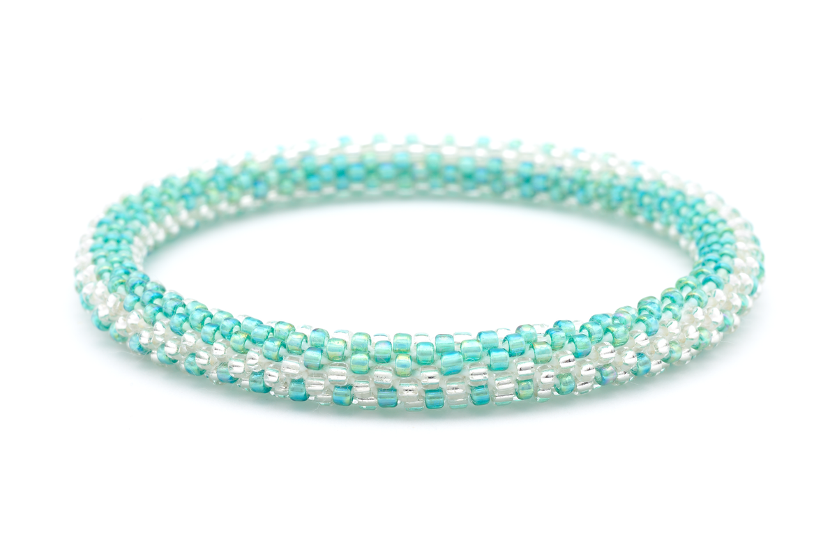 Sashka Co handmade beaded friendship bracelet with iridescent aqua and clear beads in a zipper pattern. Crafted in Nepal by skilled artisans.