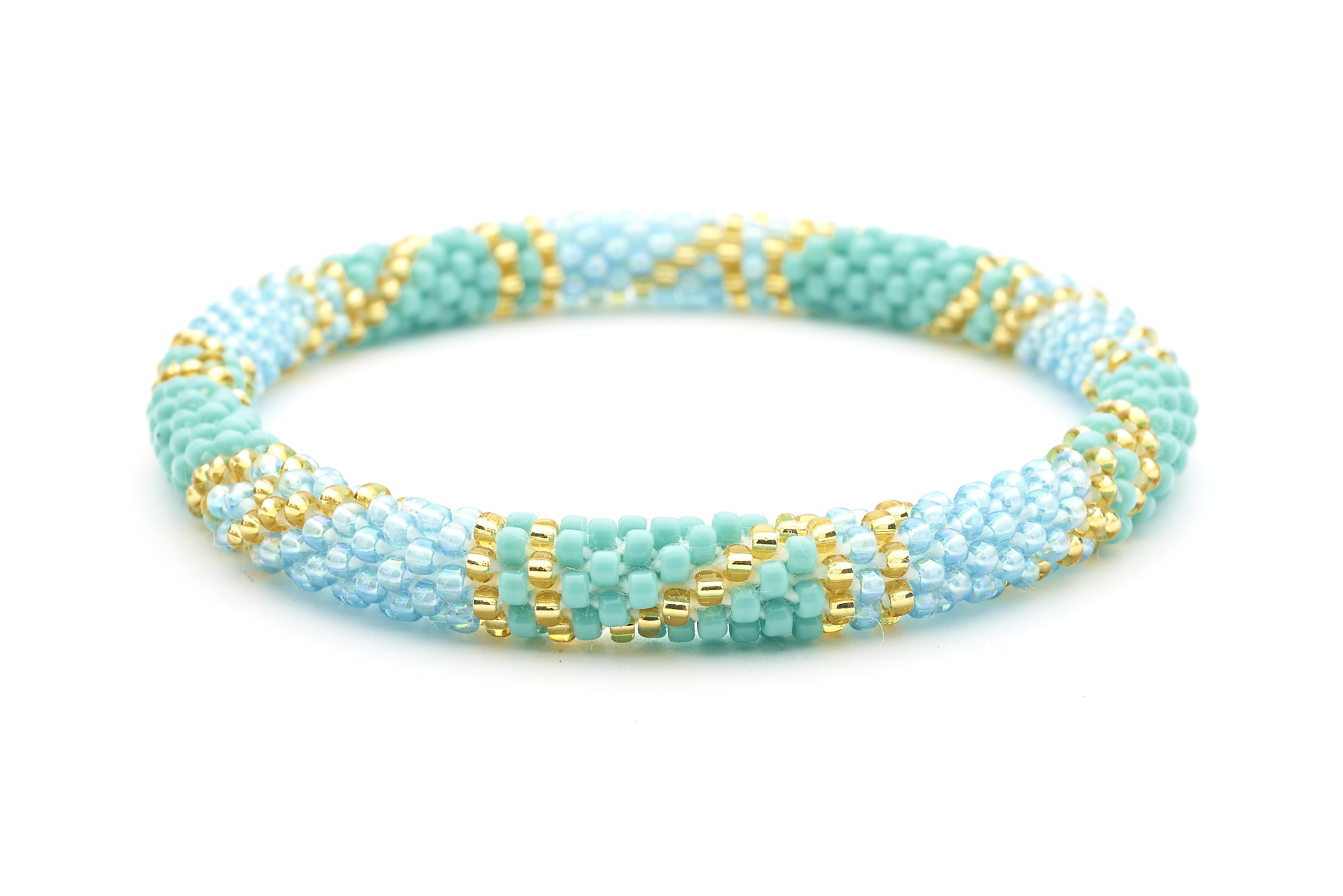 Sashka Co handmade beaded friendship bracelet with iridescent light blue, gold, and turquoise glass beads in a block spiral pattern. Made in Nepal.