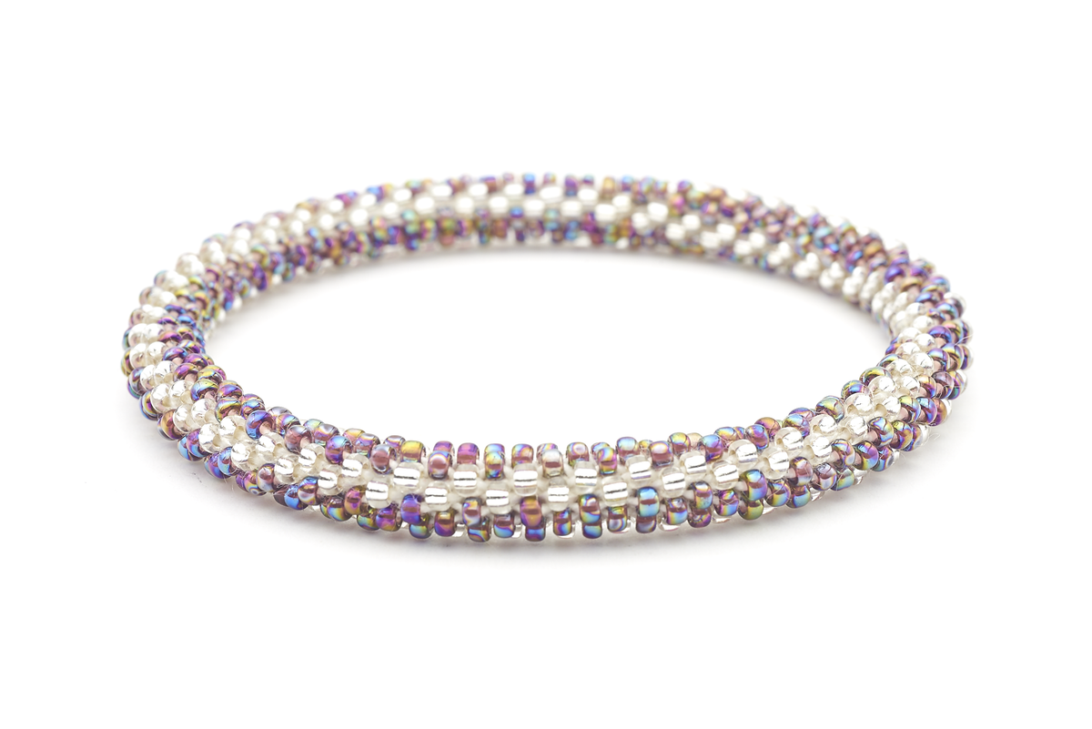 Sashka Co handmade beaded friendship bracelet with iridescent purple and clear glass beads. Crafted in Nepal by skilled artisans in a zipper pattern.