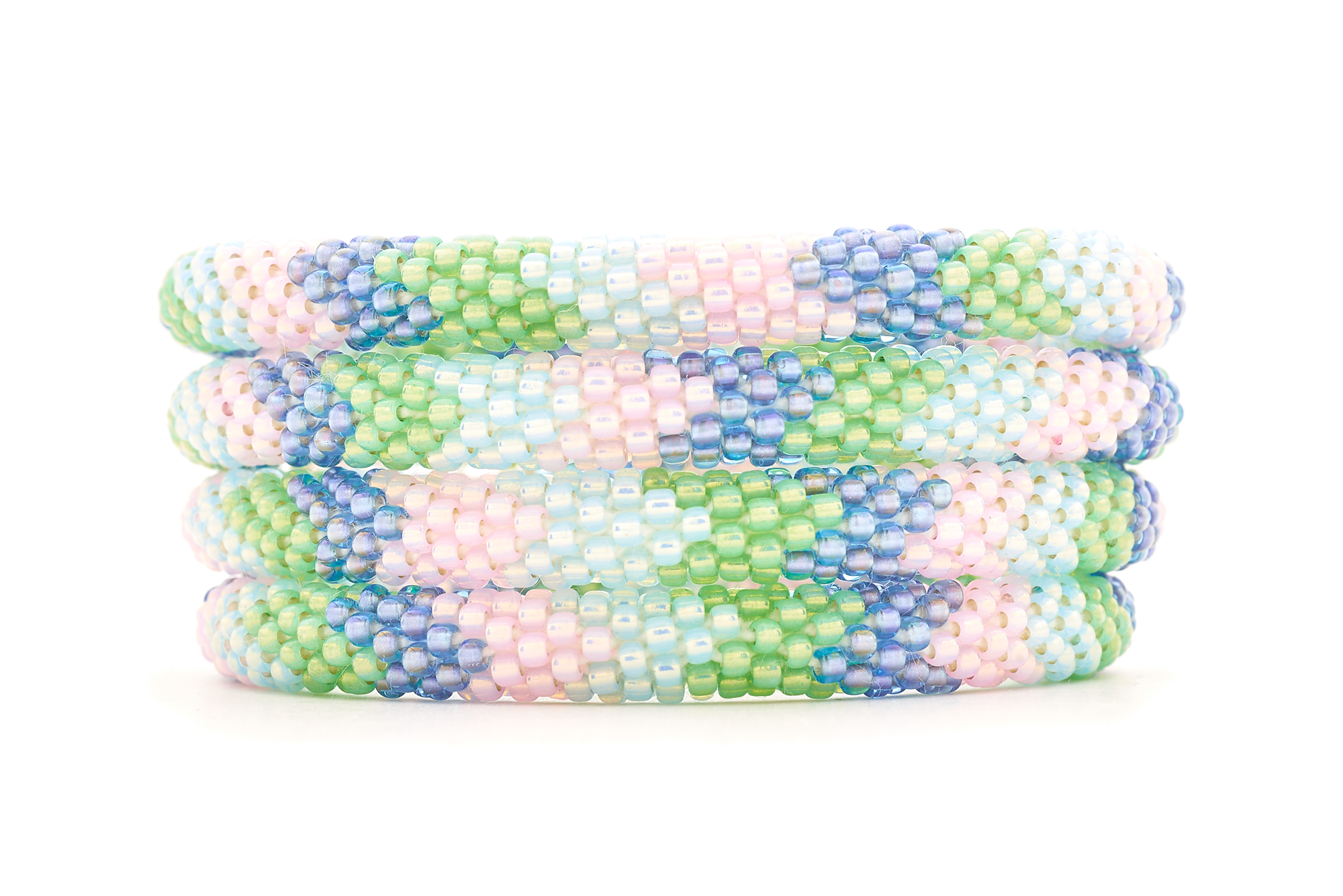 Sashka Co handmade beaded friendship bracelet with light pink, green, light blue, and iridescent purple chevron pattern. Crafted in Nepal by skilled artisans.