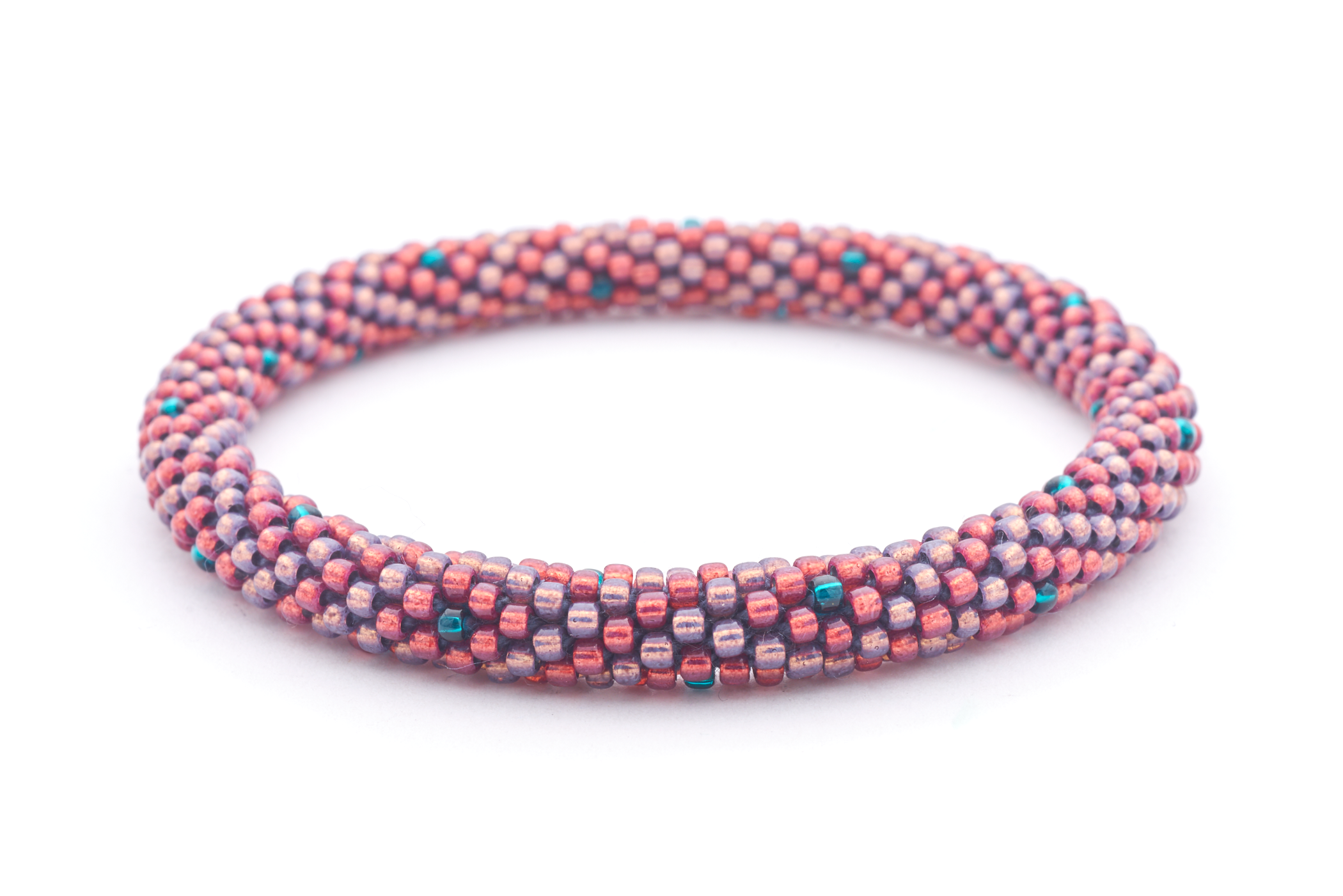 Sashka Co handmade beaded friendship bracelet with maroon, mauve, and teal glass beads. Crafted in Nepal by skilled artisans in a diamond spiral pattern.