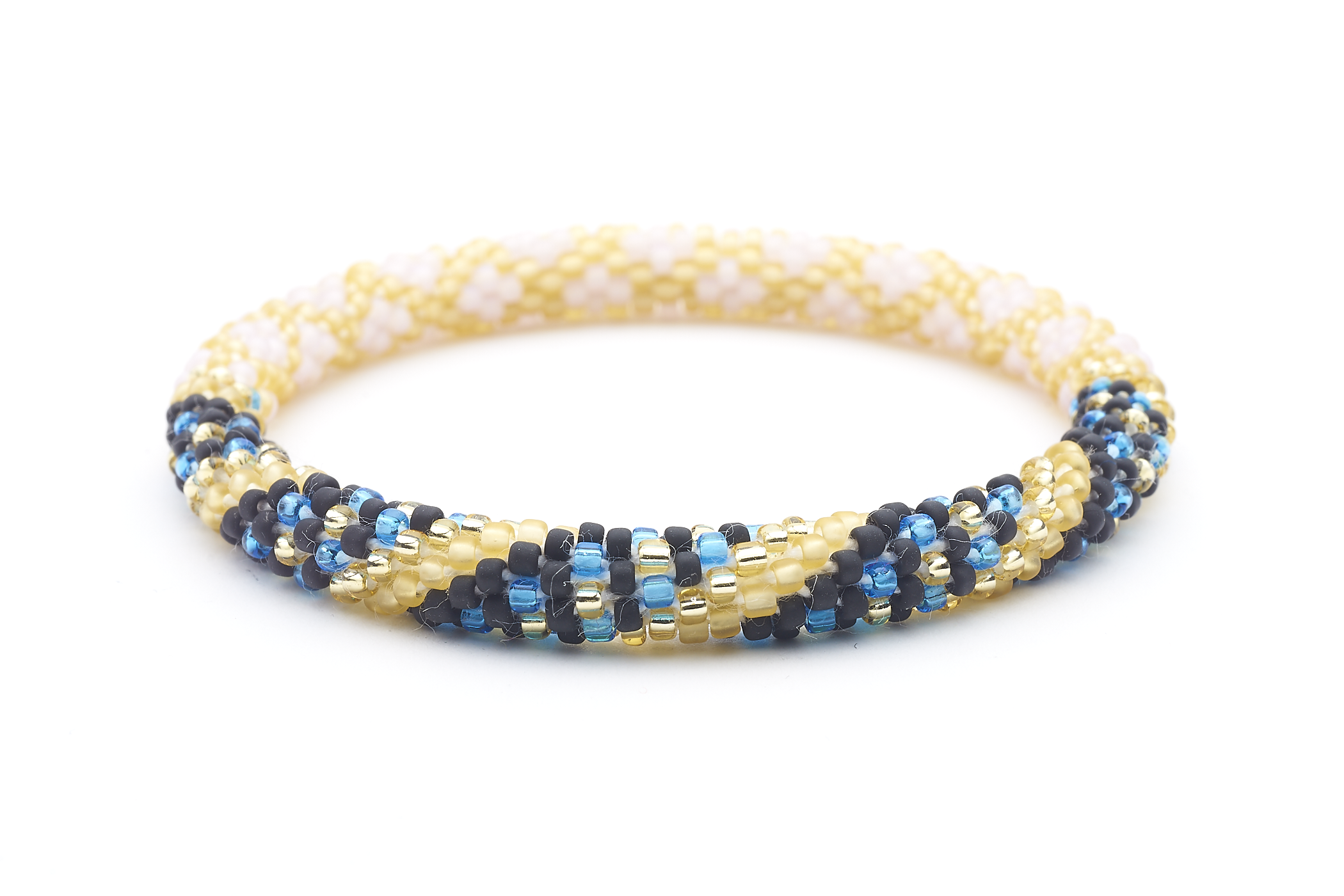 Sashka Co handmade beaded friendship bracelet with matte black, yellow, pink, champagne gold, and blue glass beads. Crafted in Nepal by skilled artisans in a spiral criss cross pattern.