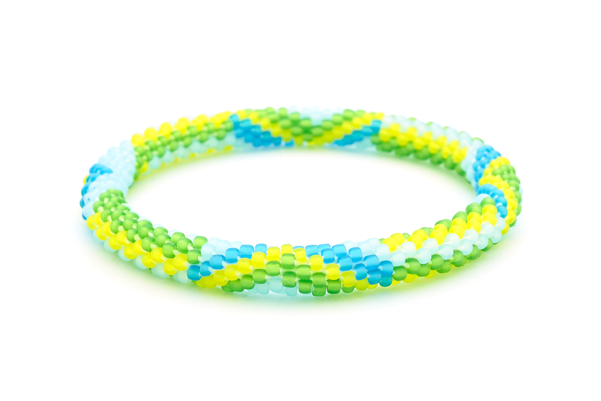 Sashka Co handmade beaded friendship bracelet with matte blue, light blue, green, and yellow glass beads. Crafted in Nepal by skilled artisans in a zipper zigzag pattern.

