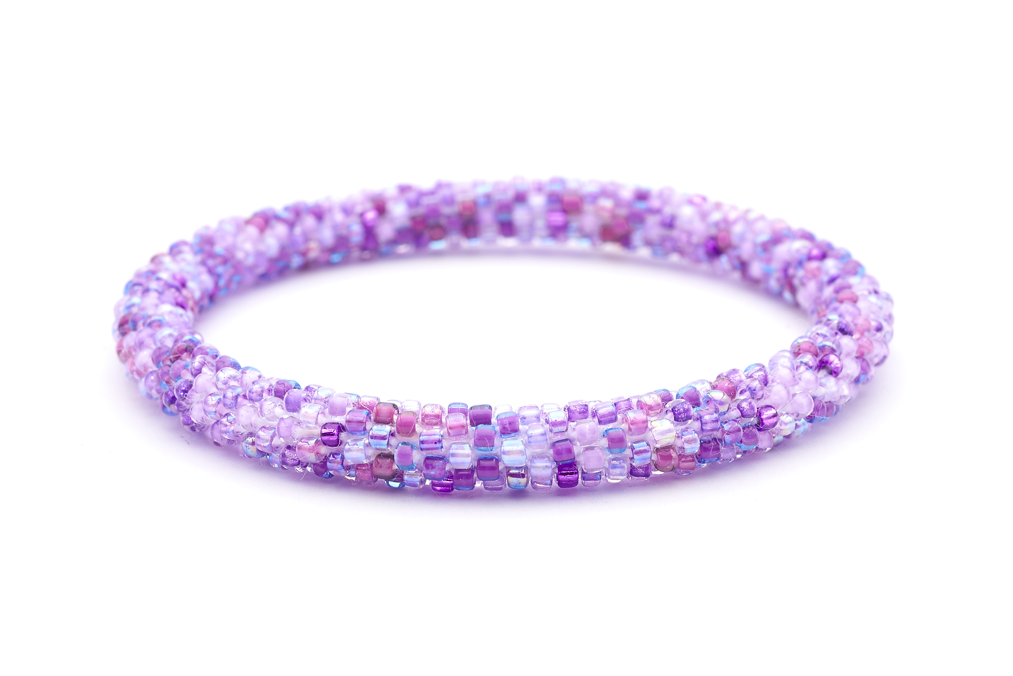 Sashka Co handmade beaded friendship bracelet with mixed shades of purple glass beads. Crafted in Nepal by skilled artisans in a confetti pattern.