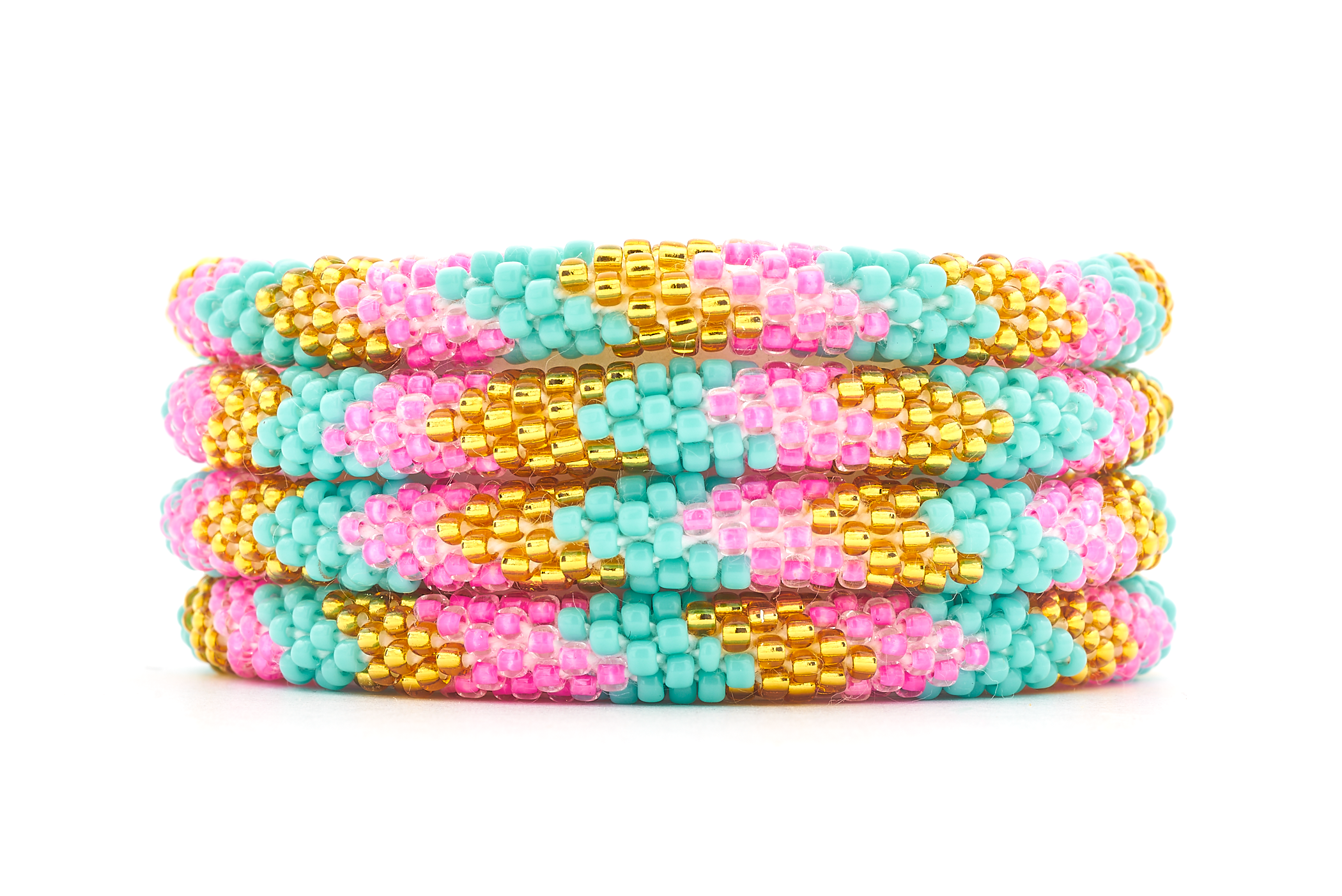 Sashka Co handmade beaded friendship bracelet with pink, gold, and turquoise glass beads. Crafted in Nepal by skilled artisans.