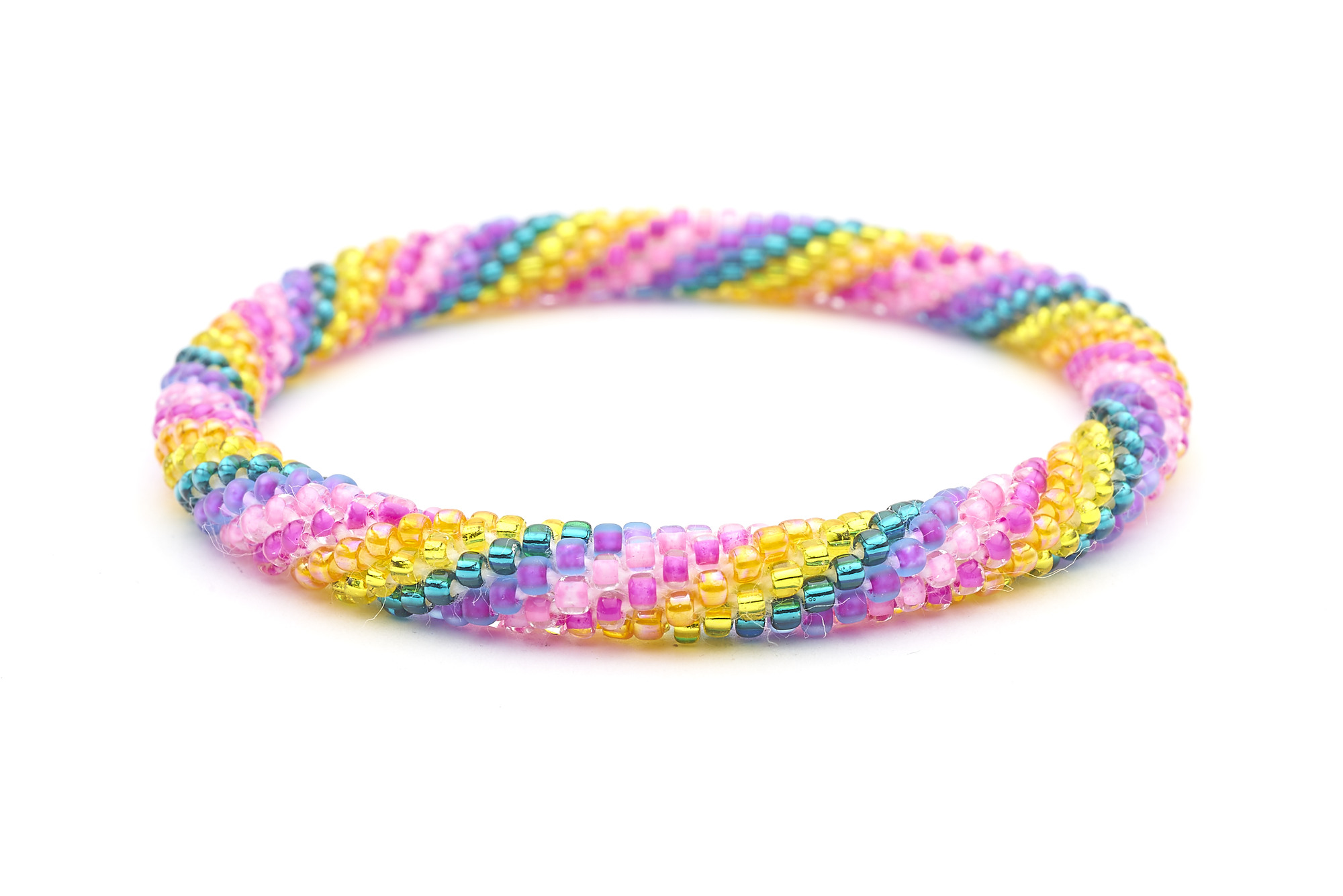 Sashka Co handmade beaded friendship bracelet with pink, matte purple, teal, yellow, and orange glass beads. Crafted in Nepal by skilled artisans in a spiral pattern.