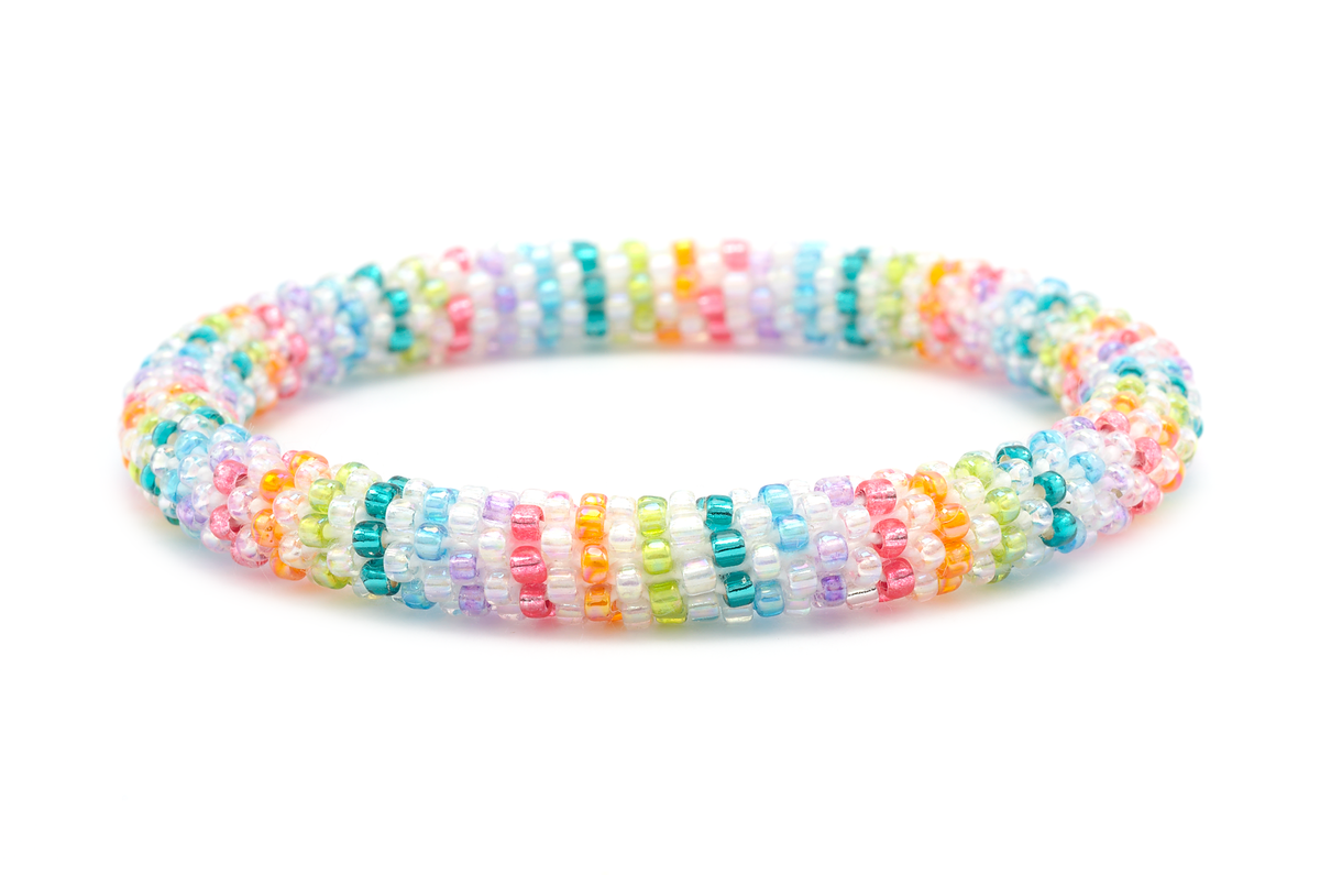 Sashka Co handmade beaded friendship bracelet with pink, orange, green, teal, blue, purple, and clear glass beads. Crafted in Nepal by skilled artisans in a line pattern.