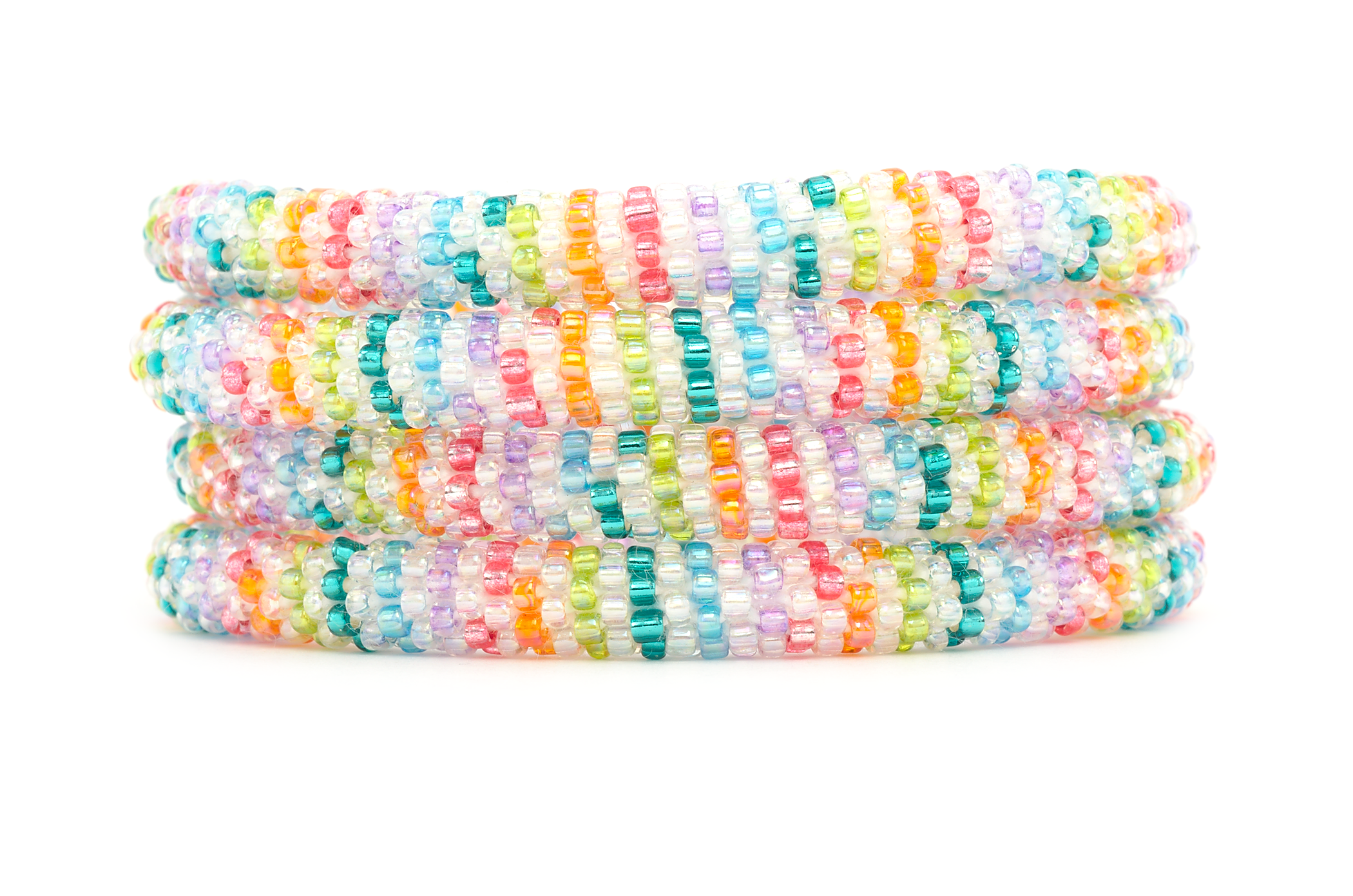 Sashka Co handmade beaded friendship bracelet with pink, orange, green, teal, blue, purple, and clear glass beads. Crafted in Nepal by skilled artisans in a line pattern.