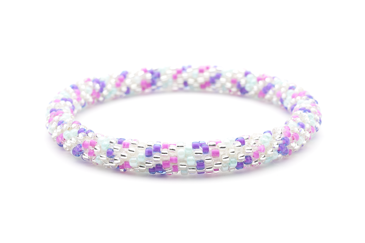 Sashka Co handmade beaded friendship bracelet with pink, purple, clear, and mint glass beads. Crafted in Nepal by skilled artisans in a spiral mixed pattern.