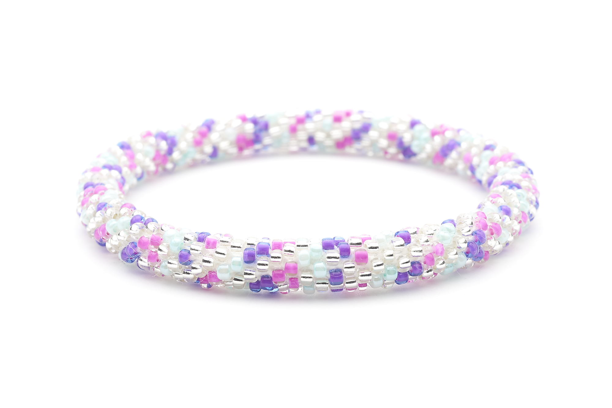Sashka Co handmade beaded friendship bracelet with pink, purple, clear, and mint glass beads. Crafted in Nepal by skilled artisans in a spiral mixed pattern.