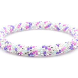 Sashka Co handmade beaded friendship bracelet with pink, purple, clear, and mint glass beads. Crafted in Nepal by skilled artisans in a spiral mixed pattern.