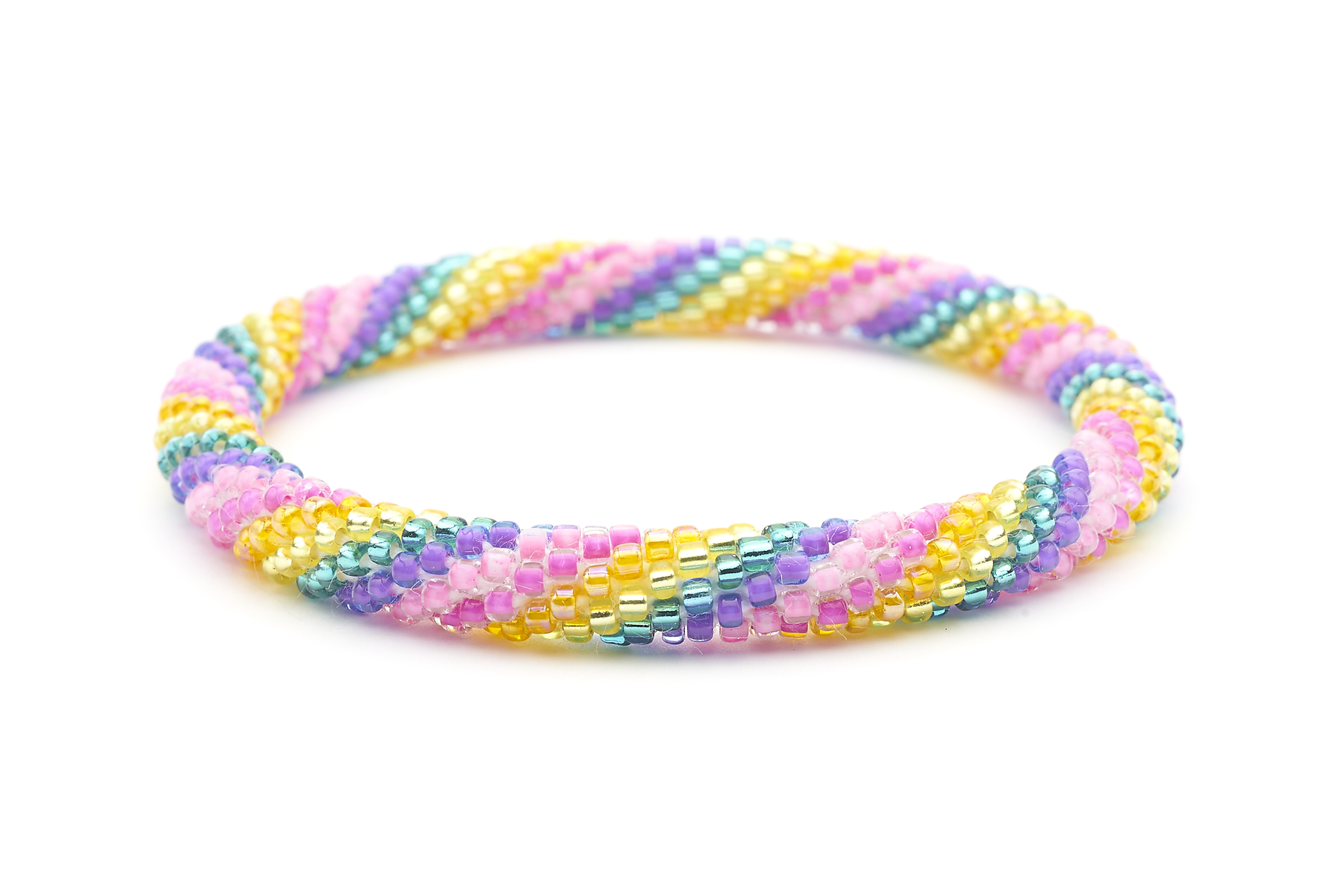 Sashka Co handmade beaded friendship bracelet with pink, purple, teal, yellow, and orange spiral pattern. Crafted in Nepal by skilled artisans.