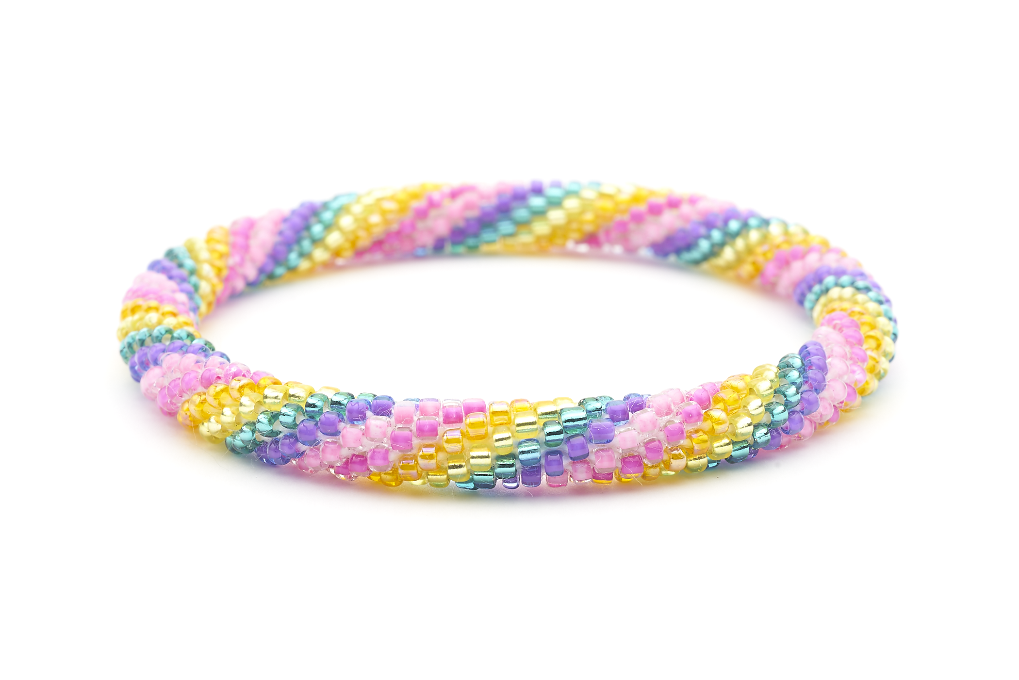 Sashka Co handmade beaded friendship bracelet with pink, purple, teal, yellow, and orange spiral pattern. Crafted in Nepal by skilled artisans.