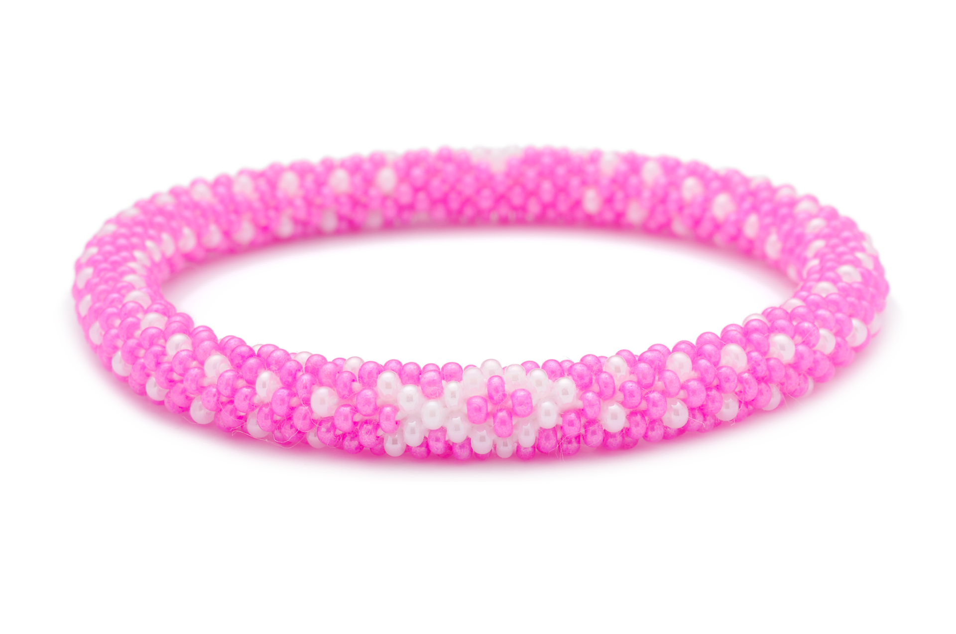 Sashka Co handmade beaded friendship bracelet with pink and white glass beads. Crafted in Nepal by skilled artisans in a detailed ribbon pattern.