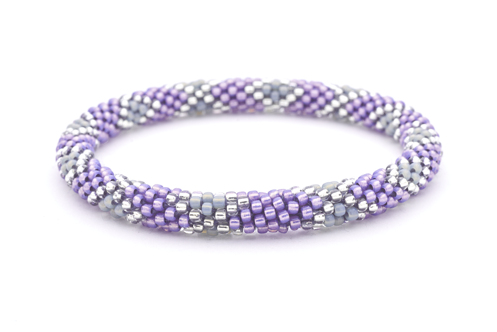 Sashka Co handmade friendship bracelet with purple, gray, and clear glass beads in a diamond pattern. Made in Nepal.