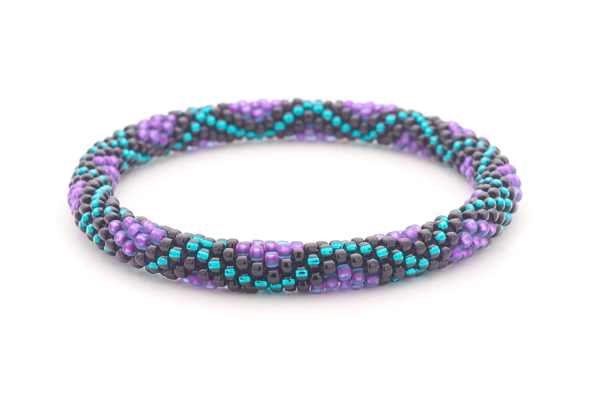 Sashka Co handmade beaded friendship bracelet with purple, teal, and black glass beads. Crafted in Nepal by skilled artisans in a criss cross diamond pattern.