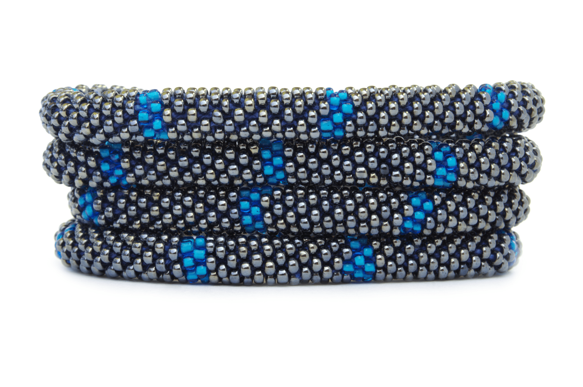 Sashka Co handmade beaded friendship bracelet with silver and blue glass beads. Crafted in Nepal by skilled artisans in a line pattern.