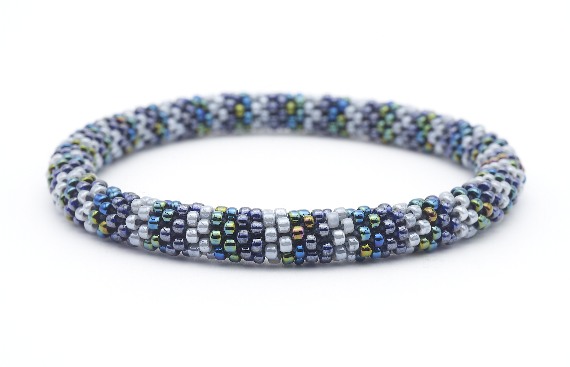Sashka Co handmade beaded friendship bracelet with silver, gray, and iridescent glass beads. Crafted in Nepal by skilled artisans in a playful pattern.