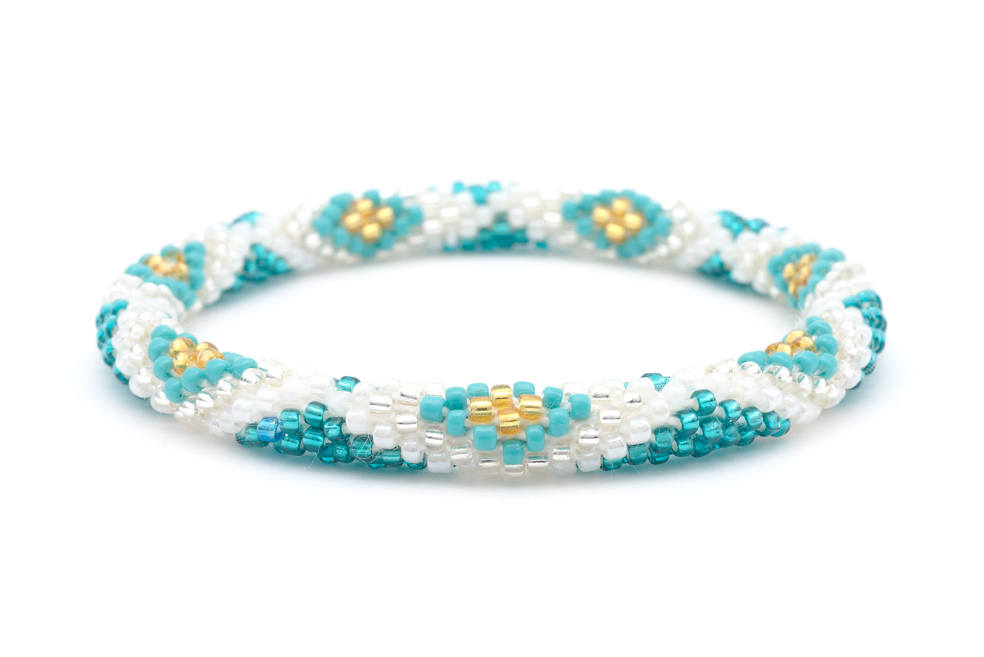 Sashka Co handmade beaded friendship bracelet with teal, turquoise, gold, and clear glass beads. Crafted in Nepal by skilled artisans.