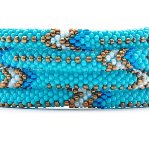 Sashka Co handmade beaded friendship bracelet with turquoise, bronze, white, and blue glass beads. Crafted in Nepal by skilled artisans in an arrow pattern.

