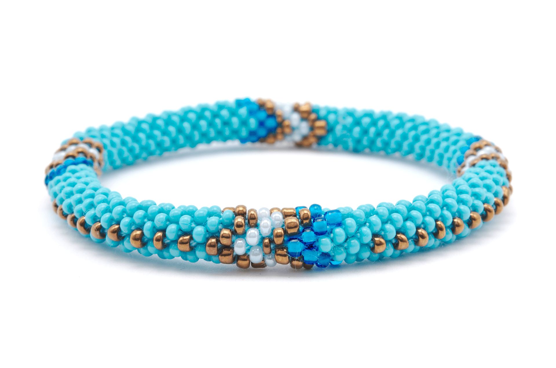 Sashka Co handmade beaded friendship bracelet with turquoise, bronze, white, and blue glass beads. Crafted in Nepal by skilled artisans in an arrow pattern.

