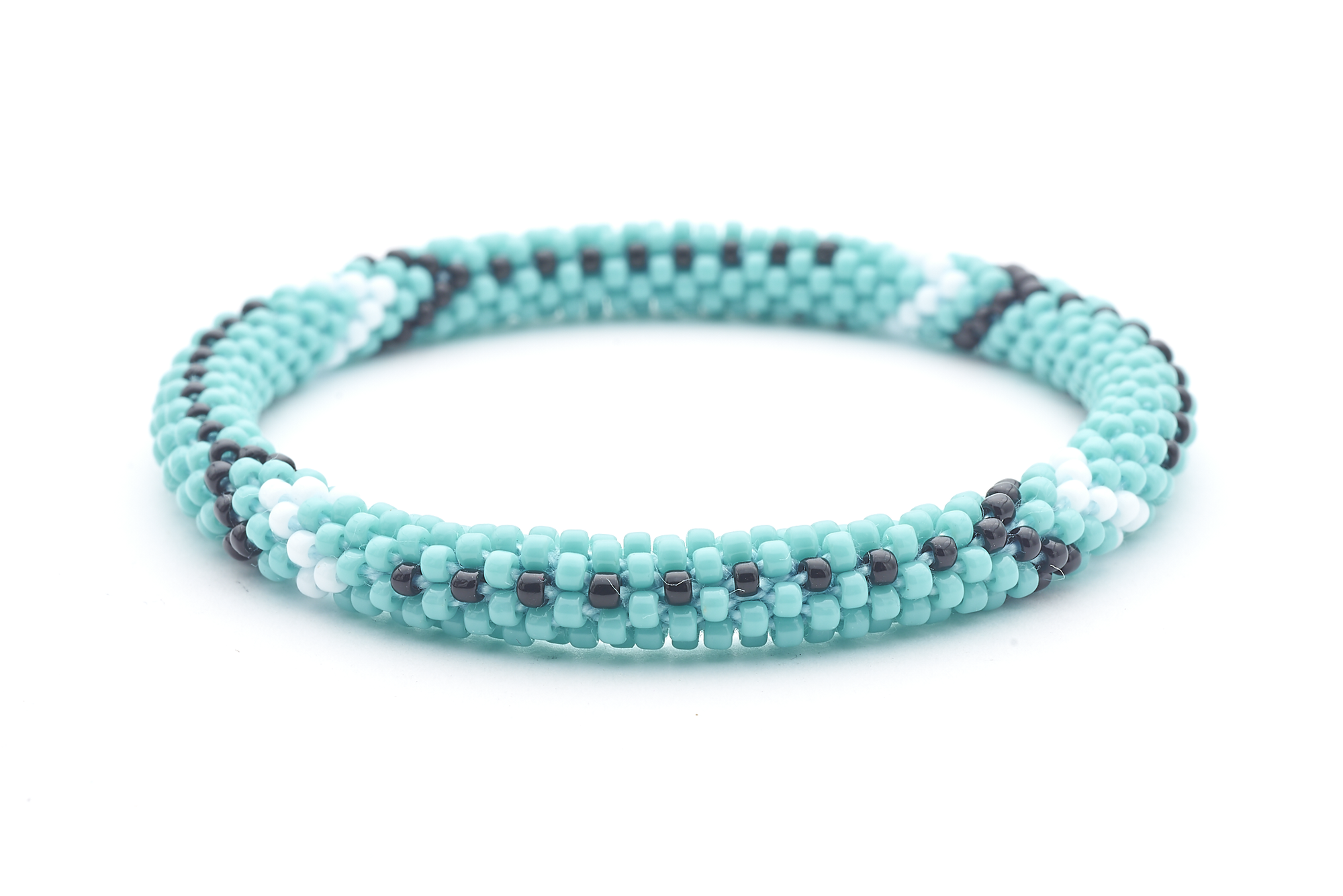 Sashka Co handmade beaded friendship bracelet with turquoise, white, and black glass beads. Crafted in Nepal by skilled artisans.