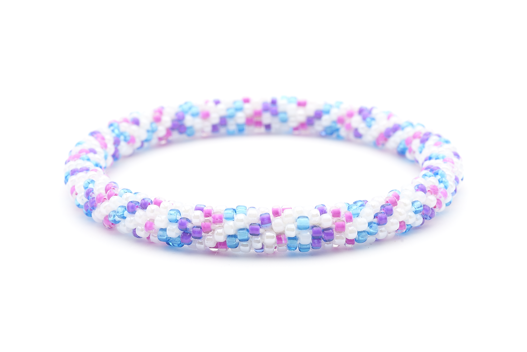 Sashka Co handmade beaded friendship bracelet with white, blue, pink, and purple glass beads. Crafted in Nepal by skilled artisans in a spiral confetti pattern.