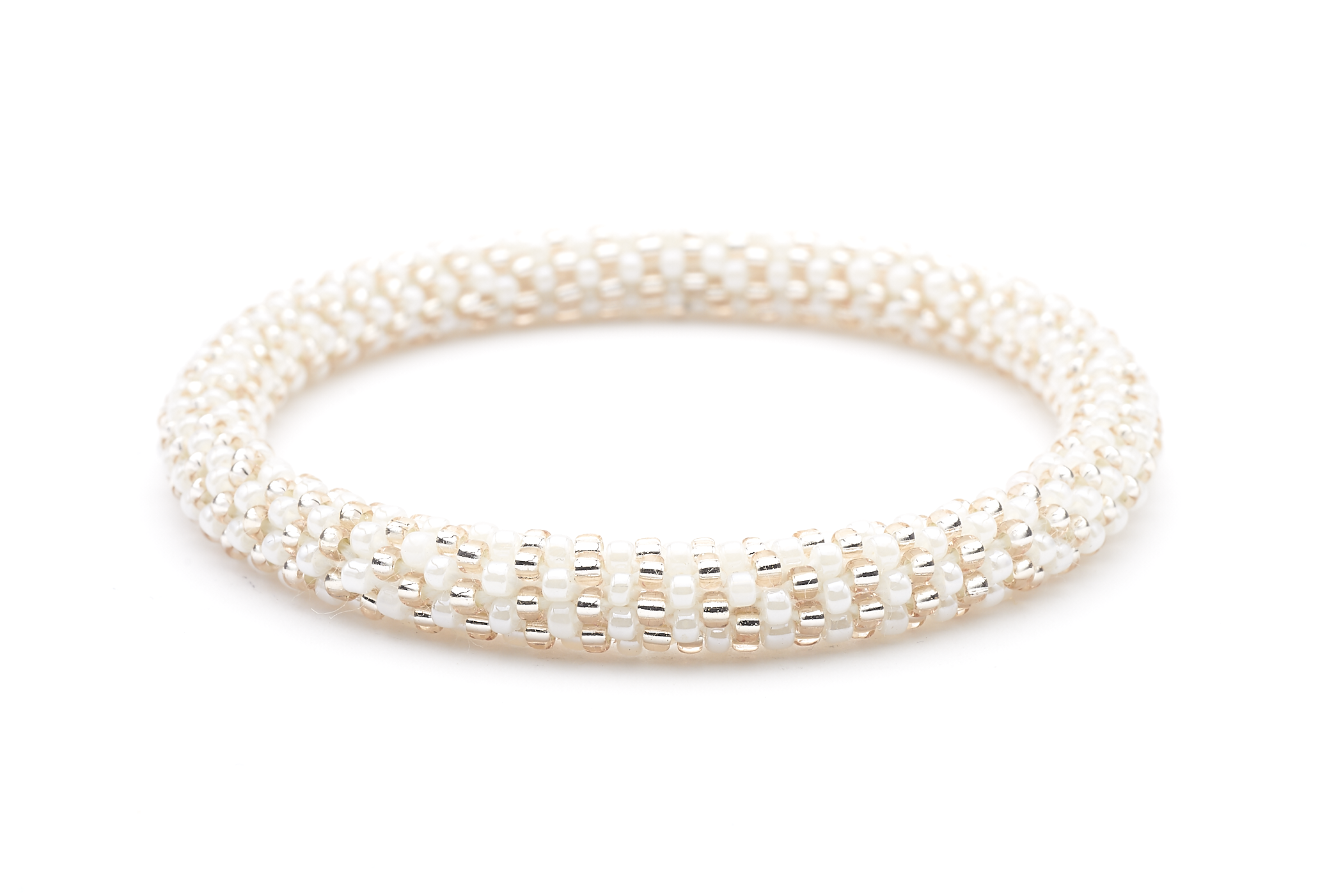 Sashka Co handmade beaded friendship bracelet with white and rose gold glass beads. Crafted in Nepal by skilled artisans in a line pattern.

