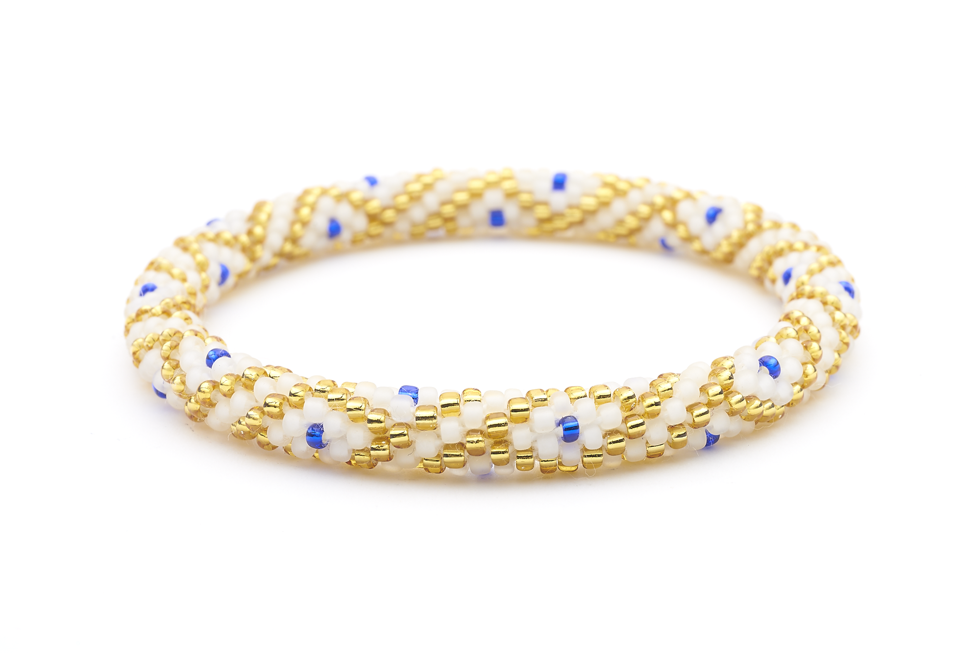Sashka Co handmade beaded friendship bracelet with matte white, gold, and blue glass beads. Crafted in Nepal by skilled artisans in a diamond pattern.
