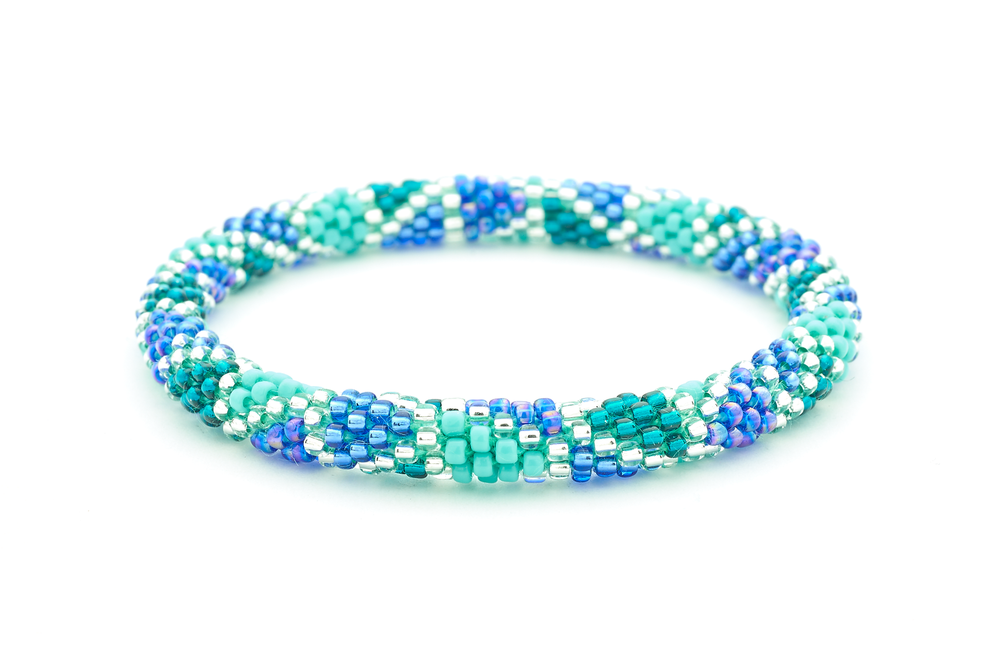 Sashka Co. handmade beaded friendship bracelet with iridescent blue, clear, teal, turquoise, and blue glass beads in a spiral line pattern. Crafted in Nepal by skilled artisans.