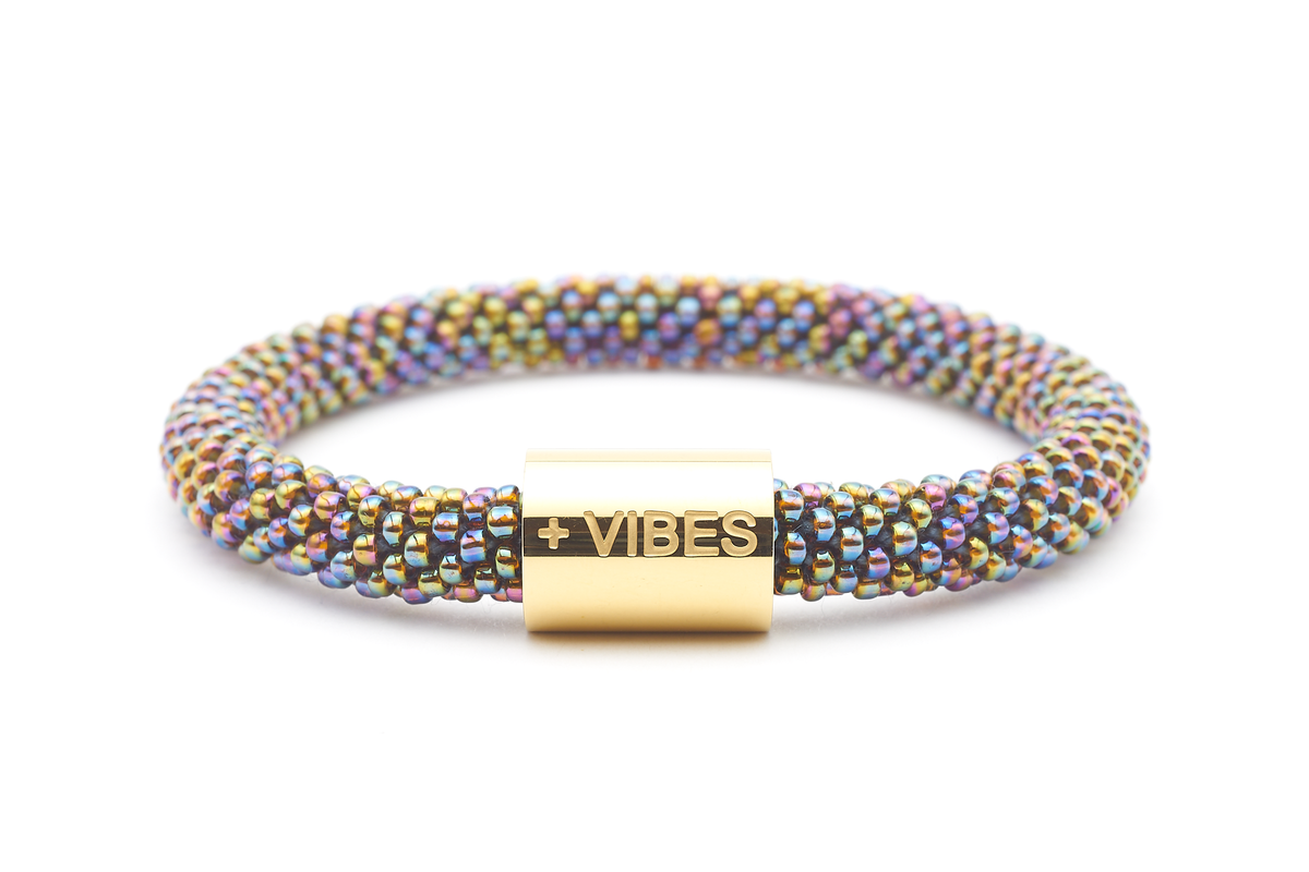 Sashka Co. Charm Bracelet Iridescent w/ Gold + Vibes Charm Positive Vibes Word Bracelet